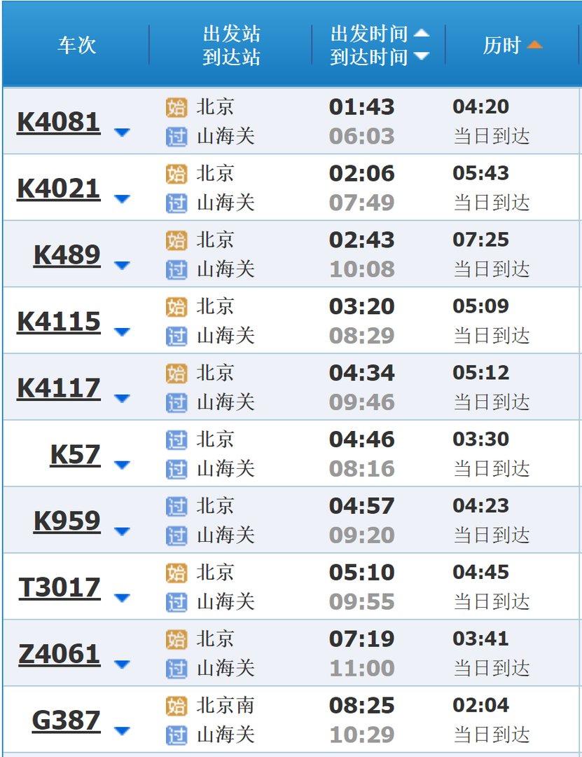北京到山海关火车时刻表