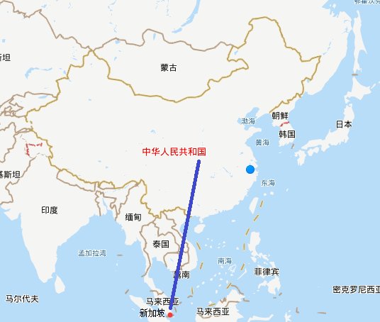在地图上新加坡到中国