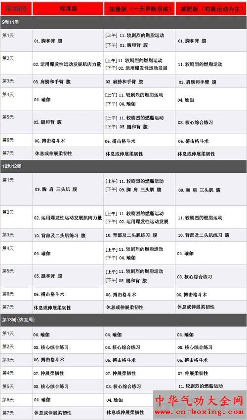 p90x2的运动详表