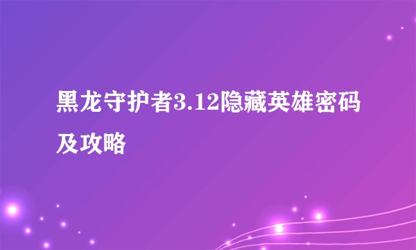 黑龙守护者3.12隐藏英雄密码及攻略