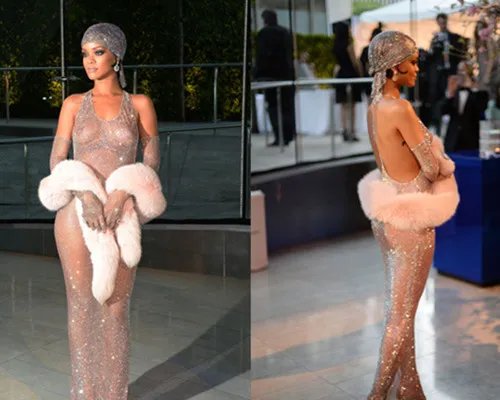 蕾哈娜透视装水晶礼服惊艳亮相  大尺度无人能及